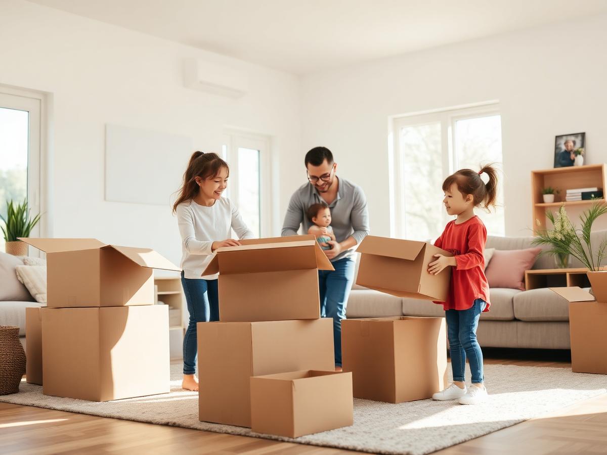 Young family unpacking moving boxes in their bright new Edmonton home