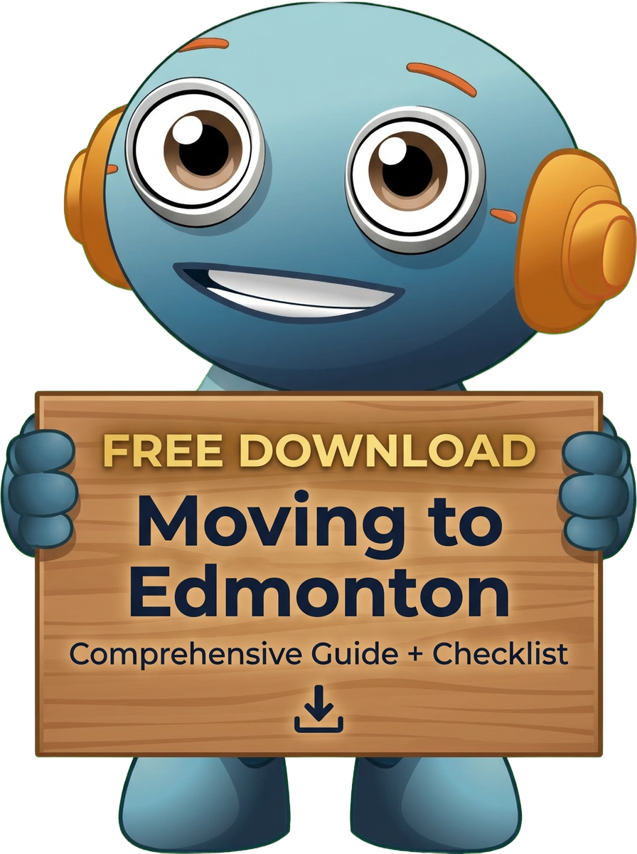 Ohmi holding a Free Download sign for the Moving to Edmonton Comprehensive Guide and Checklist